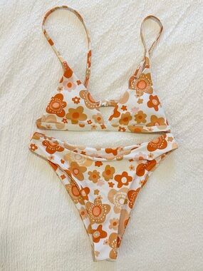 Floral Orange Triangle Bikini Set - Women